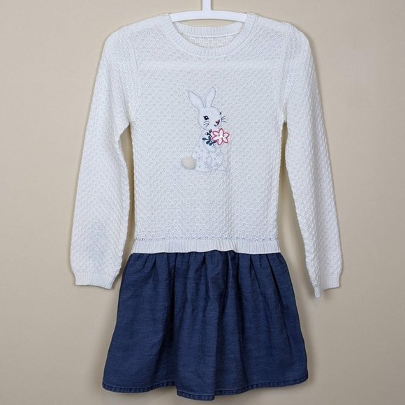 Girls Knit White and Blue Dress with Embroidered bunny and pompom - Picture 1 of 14